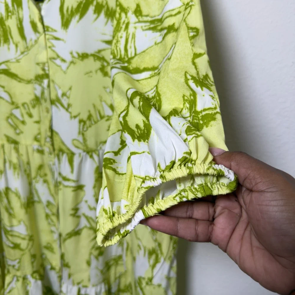 NEW Cassee‎ Women Tiered Midi Shirt Dress 1X Lime Green Vacation Resort Abstract - Picture 2 of 9